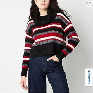 NWT BY&BY Women’s Sweater XXL Black Red Gray Stripe Cowl Neck Drop Shoulder